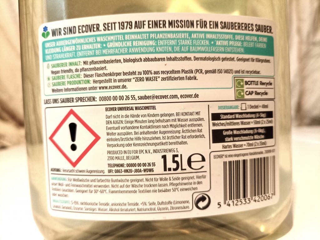 Ecover Universal Waschmittel, Verpackung Rückseite Beschriftung