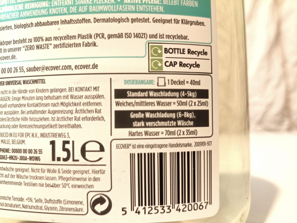 Ecover Universal Waschmittel, Verpackung Rückseite, Dosierungsanleitung
