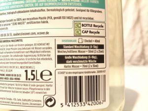 Ecover Universal Waschmittel, Verpackung Rückseite, Dosierungsanleitung