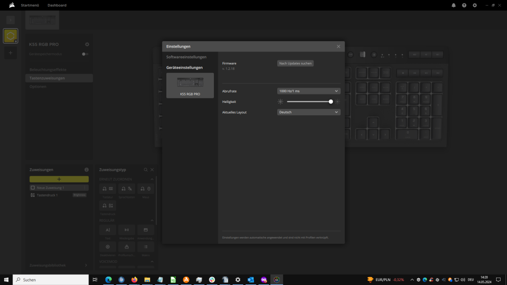 Einstellungen in der Software der Corsair K55 RGB PRO Gaming-Tastatur