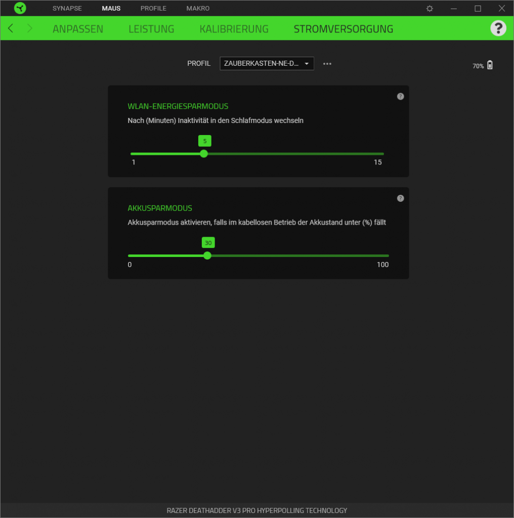 Energiespareinstellungen in der Software der Razer Deathadder V3 Pro Gaming-Maus