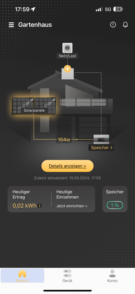 Ertrag in der App des Sunlit 800 Watt Easy Switch Balkonkraftwerk-Sets inklusive Speicher 2150 kW