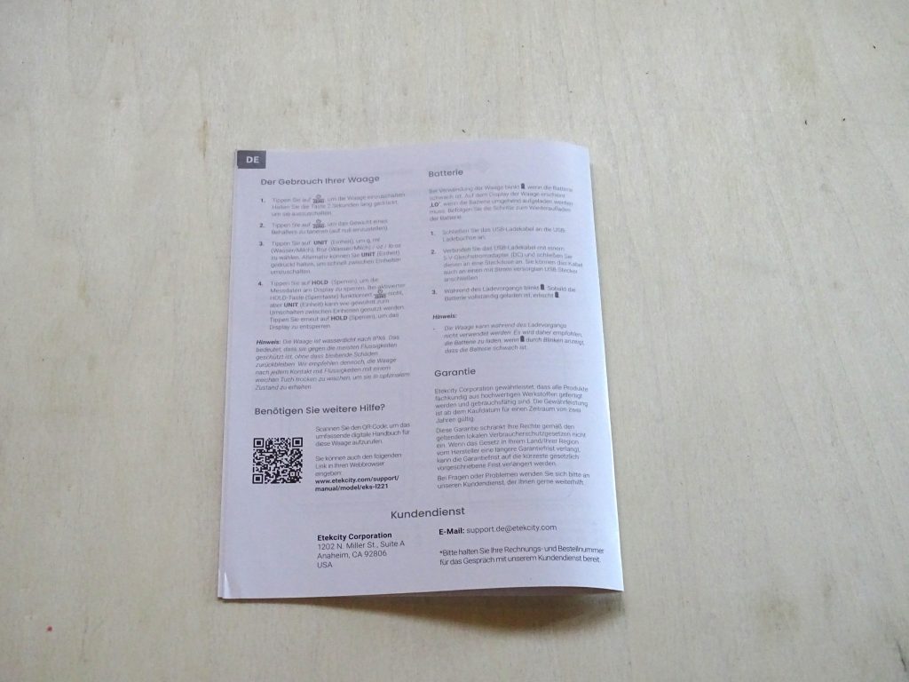 Etekcity Küchenwaage Bedienungsanleitung