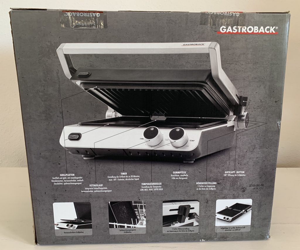 Gastroback 42537 Design BBQ Pro Kontaktgrill im Karton von hinten