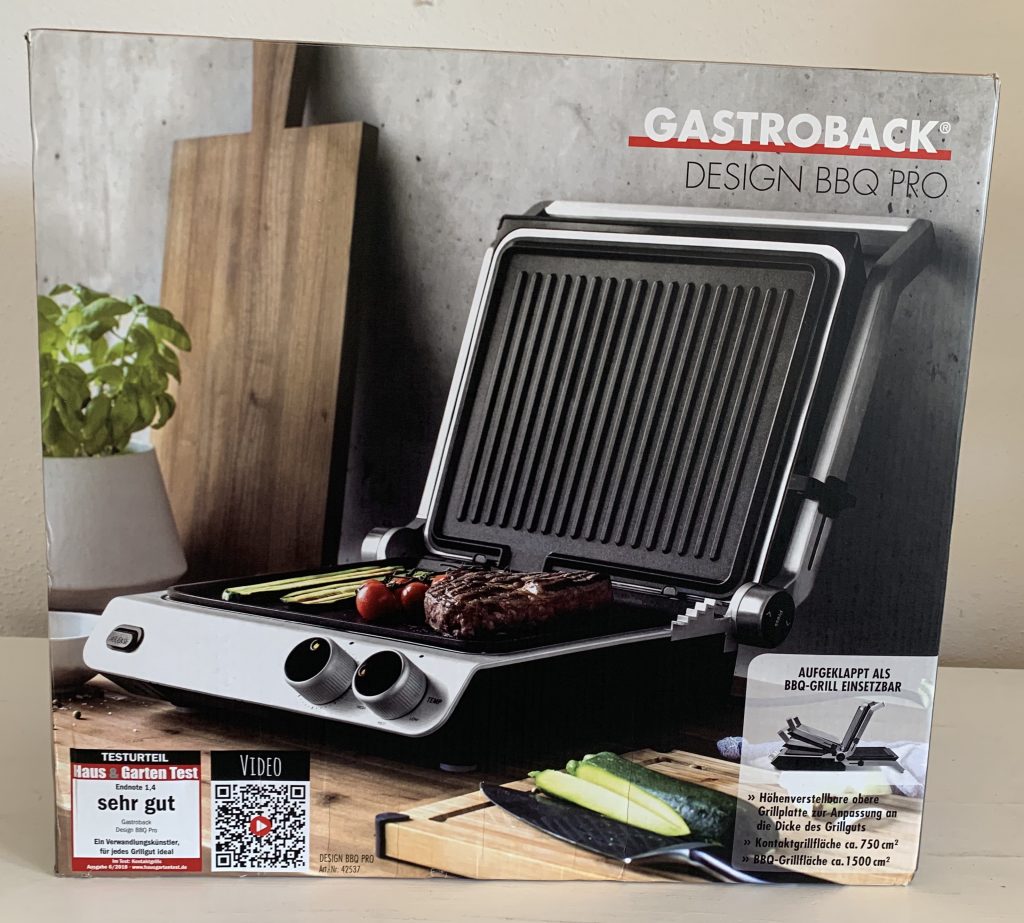 Gastroback 42537 Design BBQ Pro Kontaktgrill im Karton von vorne