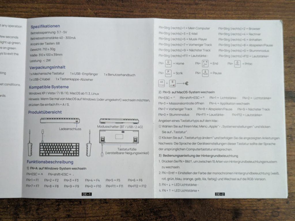 Geöffnete Anleitung der TECURS KB510 Gaming-Tastatur