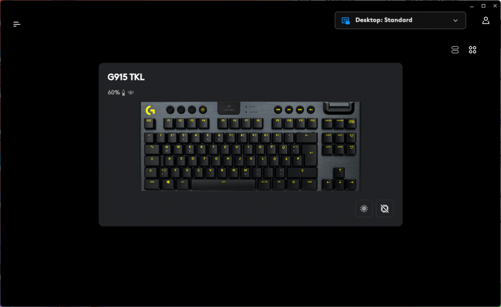 Hauptübersicht der Software der Logitech G915 LIGHTSPEED TKL Gaming-Tastatur