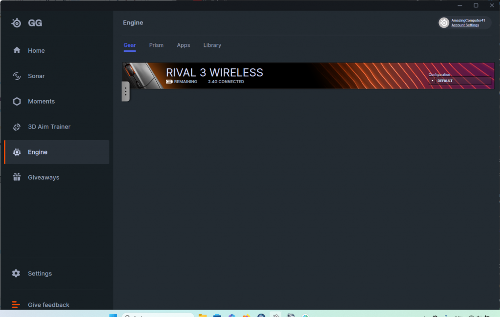 Hauptübersicht der Software der SteelSeries Rival 3 Wireless Gaming-Maus