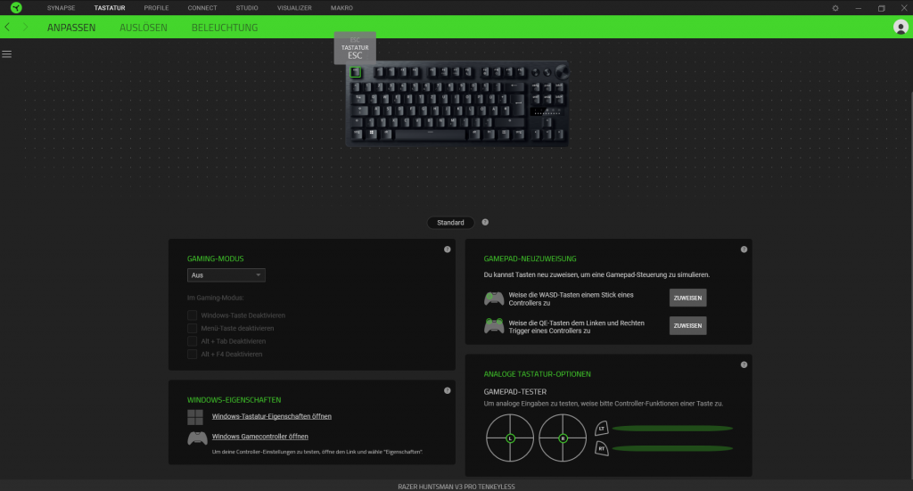 Hauptübersicht in der Software der Razer Huntsman V3 Pro Tenkeyless Gaming-Tastatur