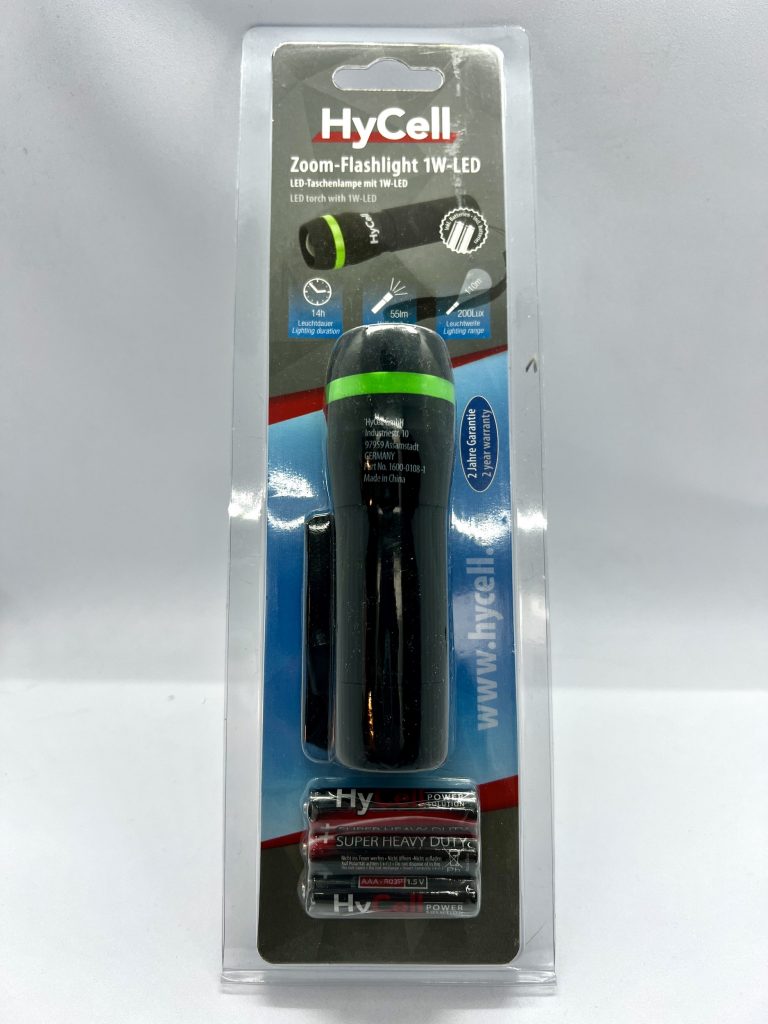 Mini-LED-Taschenlampe Zoom Flashlight von HyCell in der Verpackung