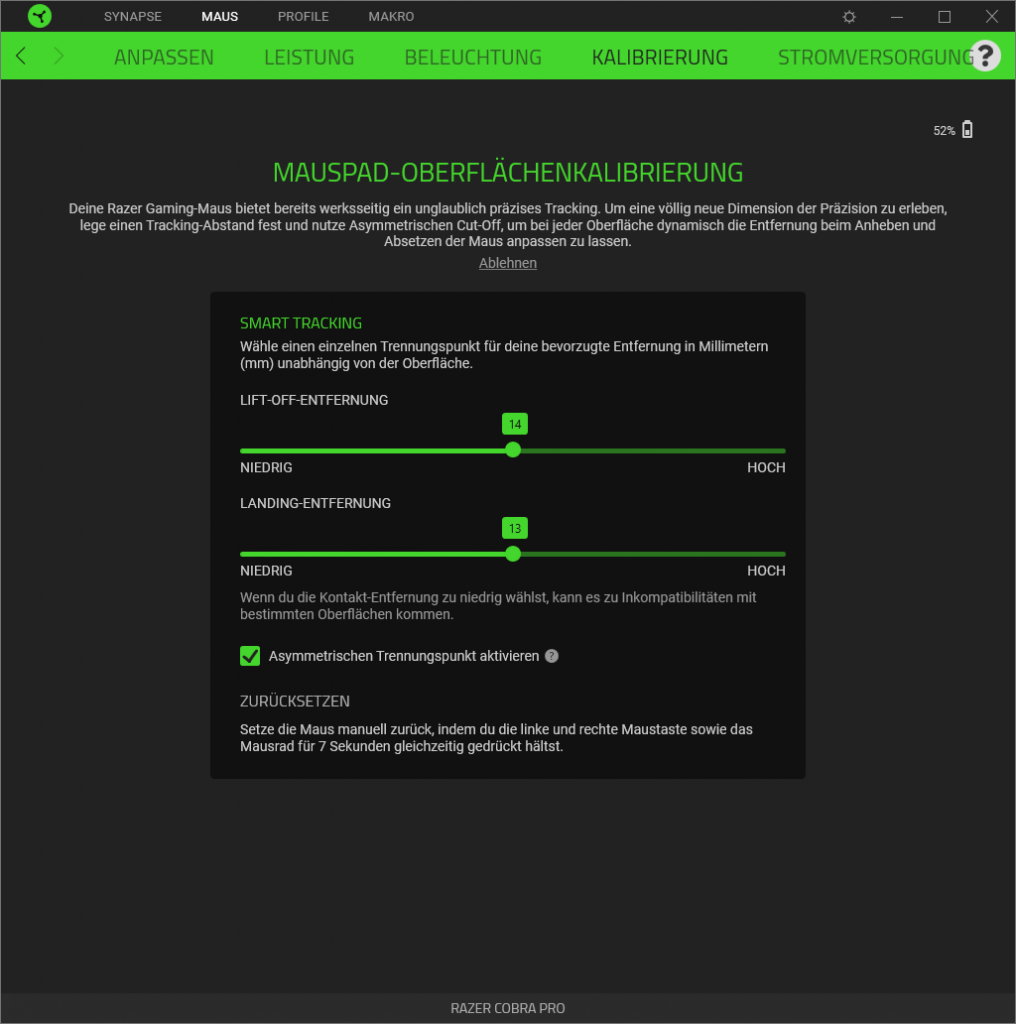 Lift-of-Distance-Einstellung der Software der Razer Cobra Pro Gaming-Maus