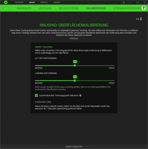 Lift-of-Distance-Einstellung der Software der Razer Cobra Pro Gaming-Maus