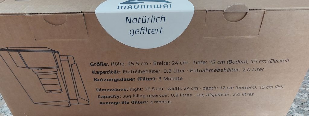 Maunawai Kini Wasserfilter-Kanne Aufdruck Verpackung