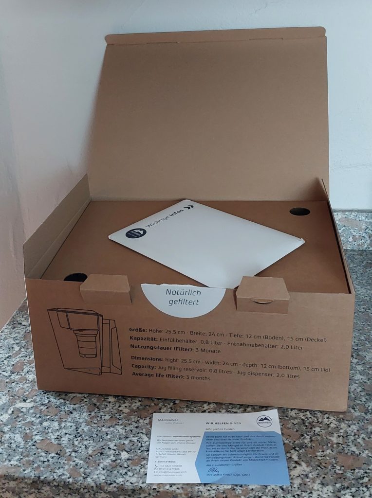 Maunawai Kini Wasserfilter geöffnete Verpackung