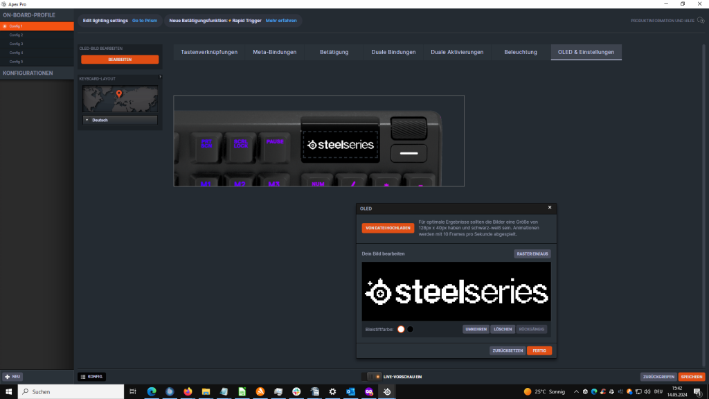 OLED-Display in der Software der SteelSeries Apex Pro HyperMagnetic Gaming-Tastatur