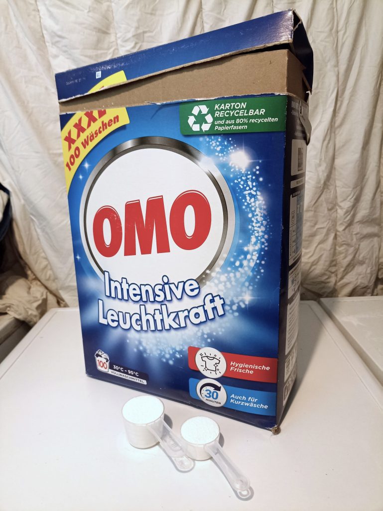 Omo XXXL Waschmittel, Dosierung für den Waschtest kalte Wäsche