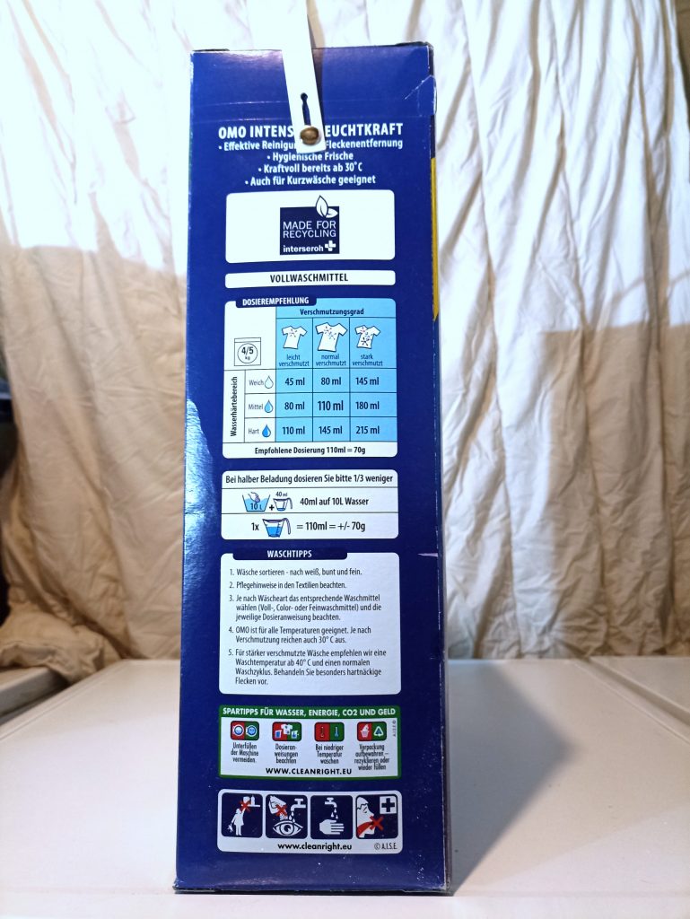 Omo XXXL Waschmittel, Verpackung Seienansicht 1