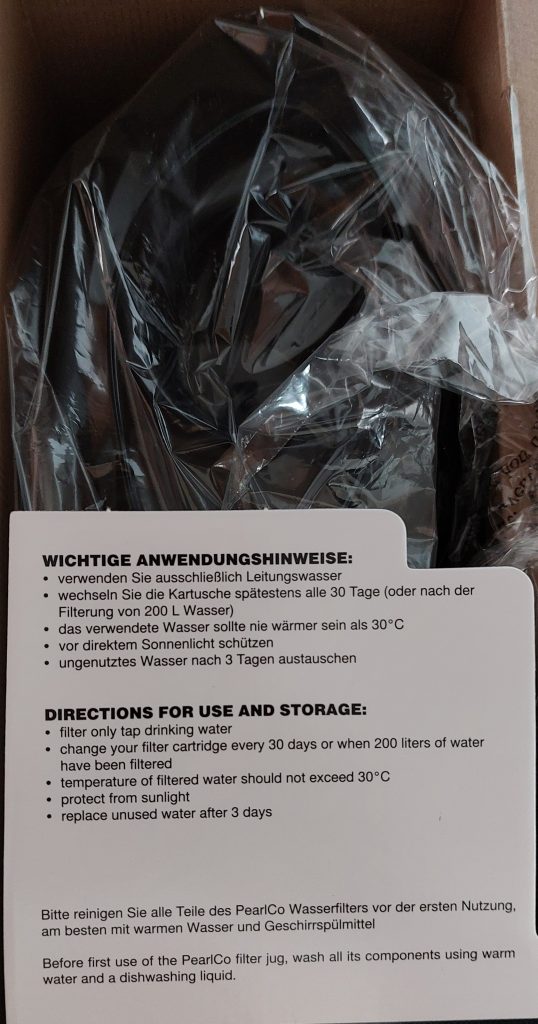 PearlCo Astra Wasserfilter Hinweise auf der Innenseite der Verpackung