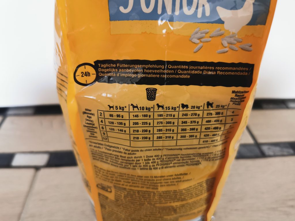 Pedigree Vital Protection Junior Hundefutter Fütterungsempfehlung