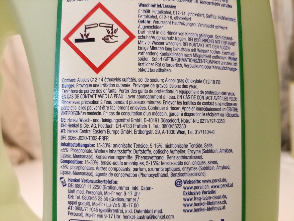 Persil Green Power Waschmittel, Rückseite Beschriftung