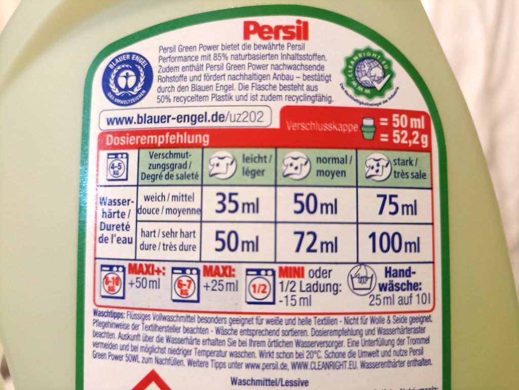 Persil Green Power Waschmittel, Rückseite Dosierungsempfehlung