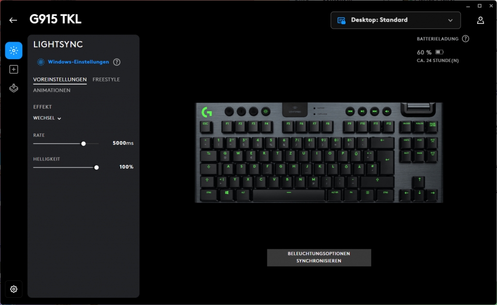 RGB-Beleuchtung der Logitech G915 LIGHTSPEED TKL Gaming-Tastatur in der Software