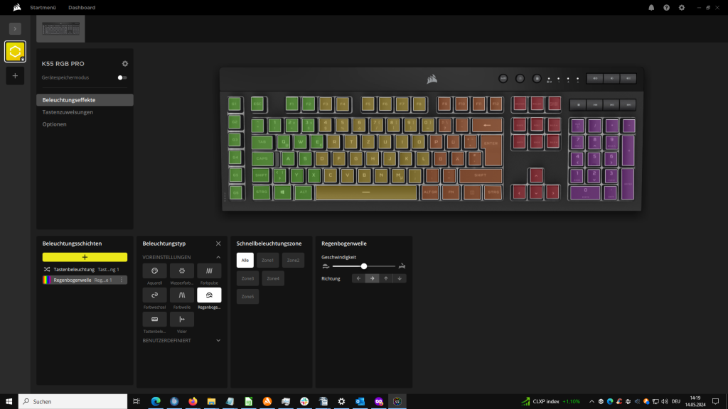 RGB-Beleuchtung in der Software der Corsair K55 RGB PRO Gaming-Tastatur
