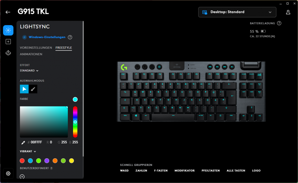 RGB-Beleuchtung in der Software der Logitech G915 LIGHTSPEED TKL Gaming-Tastatur