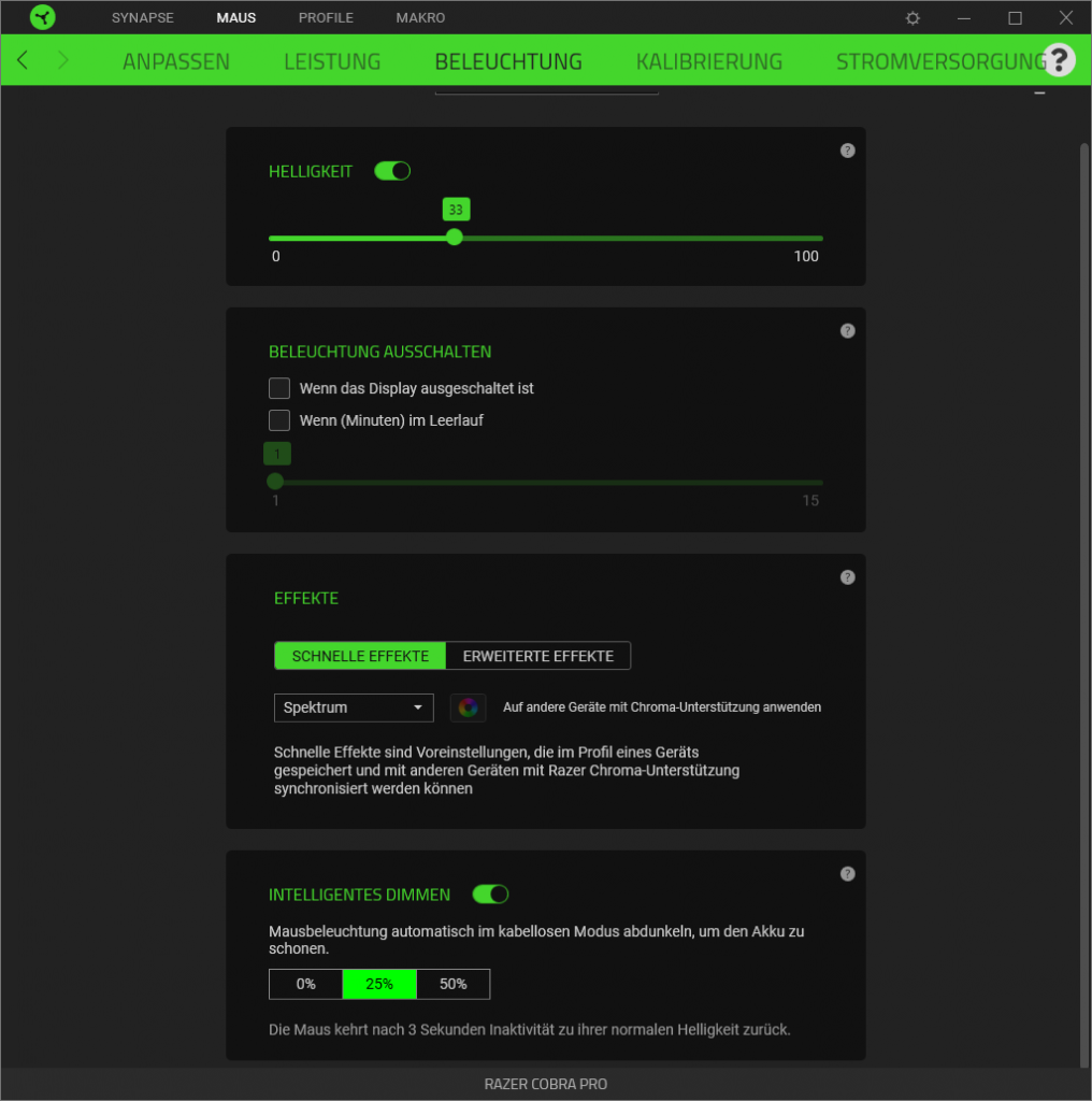 RGB-Einstellungen der Software der Razer Cobra Pro Gaming-Maus, Grundeinstellungen