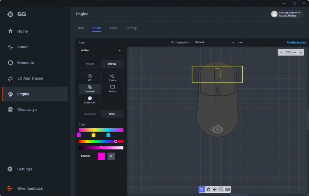 RGB-Einstellungen der Software der SteelSeries Rival 3 Wireless Gaming-Maus