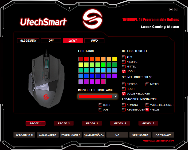 RGB-Einstellungen der UtechSmart Venus Gaming-Maus