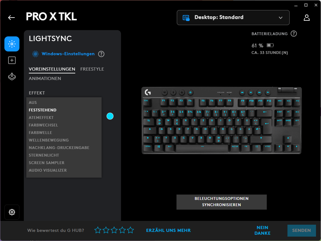 RGB-Einstellungen in der Software der Logitech G PRO X TKL LIGHTSPEED Gaming-Tastatur