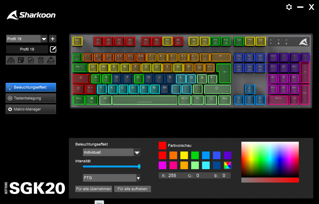 RGB-Einstellungen in der Software der Sharkoon Skiller SGK20 Gaming-Tastatur