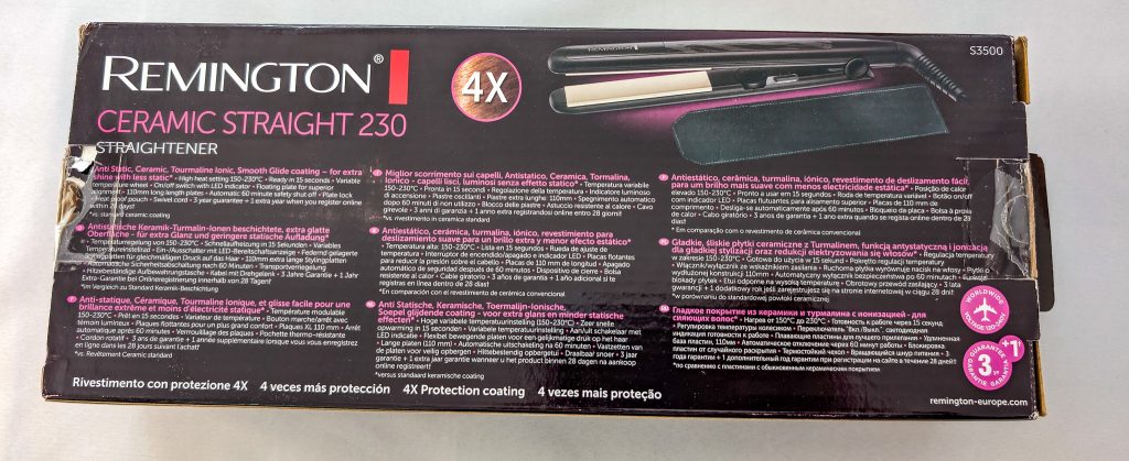 Remington Glätteisen S3500 Ceramic Straight 230 Verpackung Rückseite