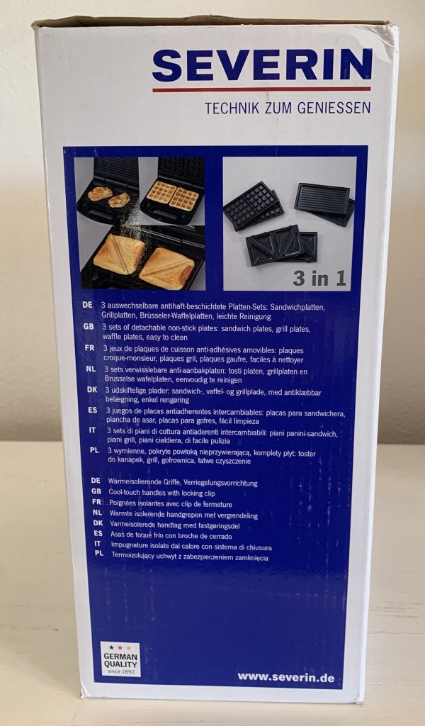 SEVERIN SA 2968 Sandwichmaker im Karton von der linken Seite