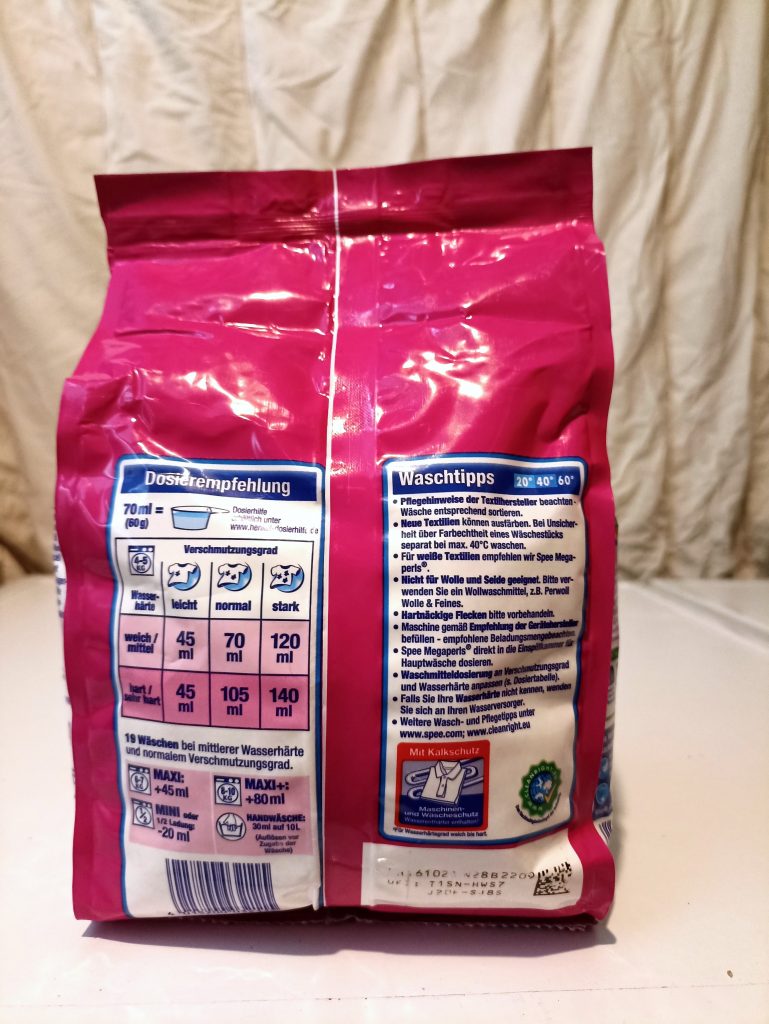 Spee Megaperls Color Waschmittel, Verpackung Rückseite