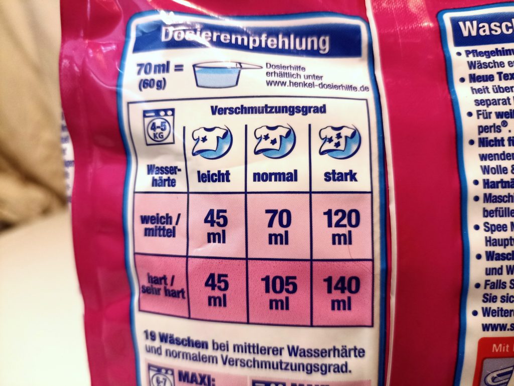 Spee Megaperls Color Waschmittel, Verpackung Rückseite, Dosierempfehlung