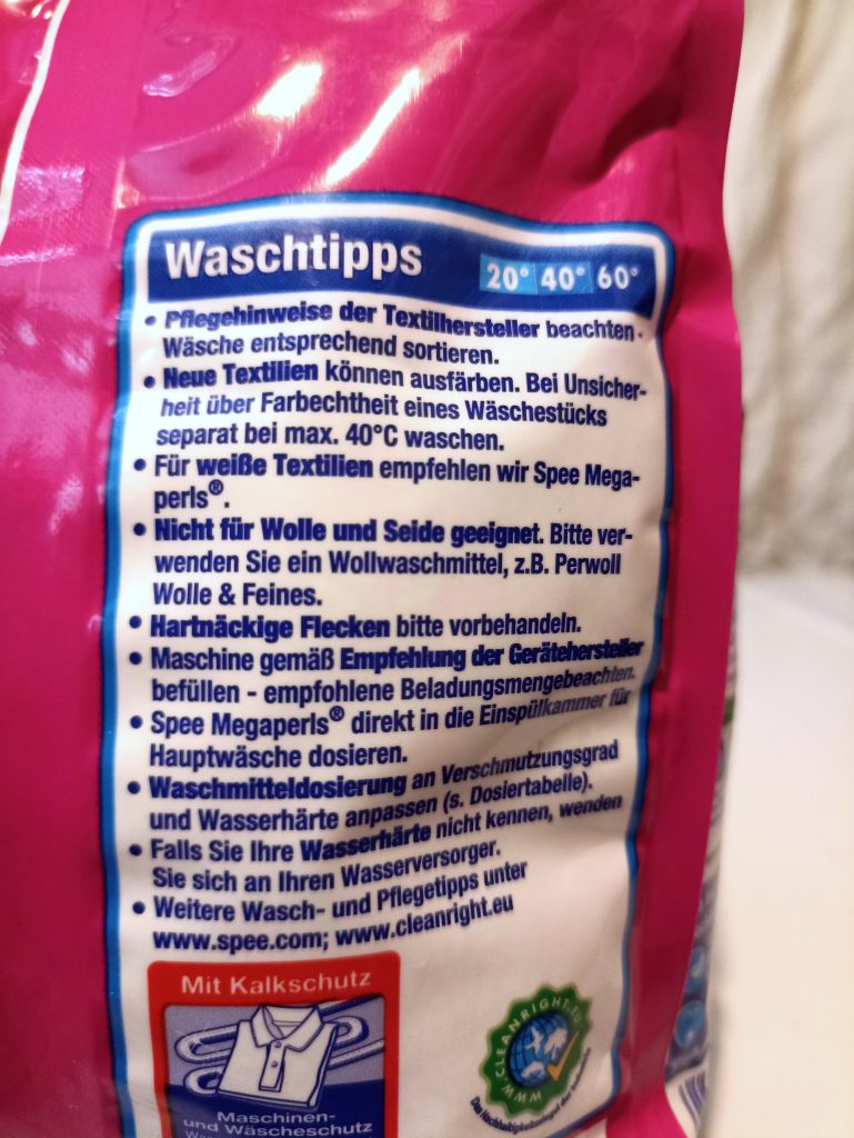 Spee Megaperls Color Waschmittel, Verpackung Rückseite Waschtipps