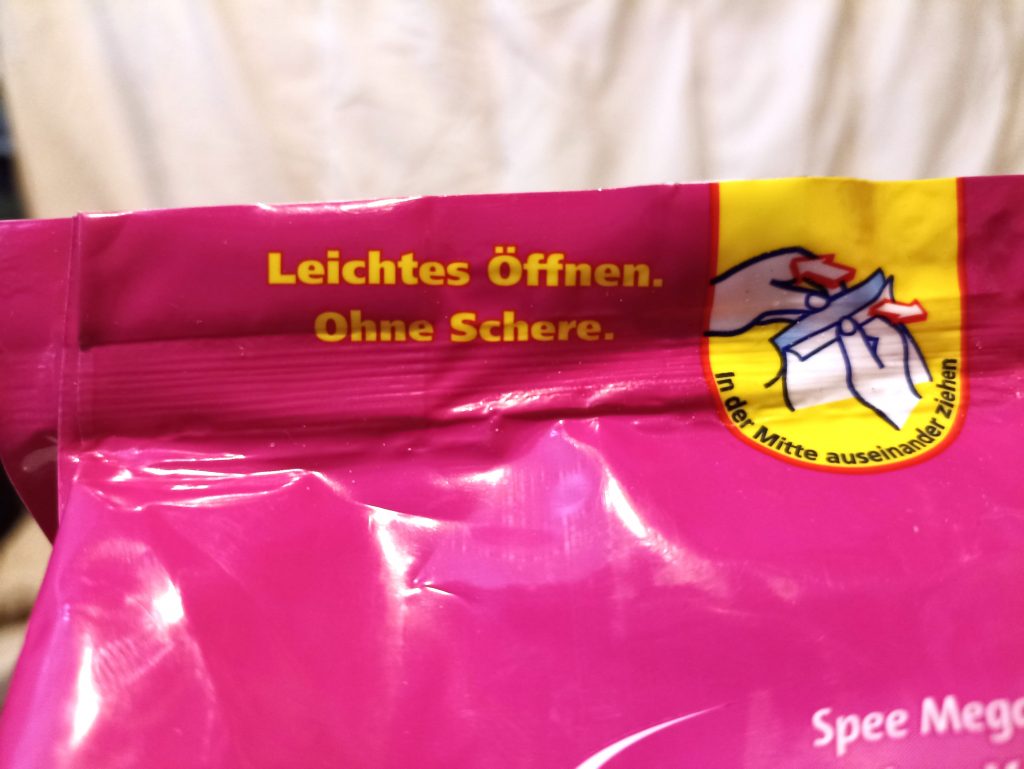 Spee Megaperls Color Waschmittel, Verpackung Vorderseite, Beschriftung Leichtes Öffnen