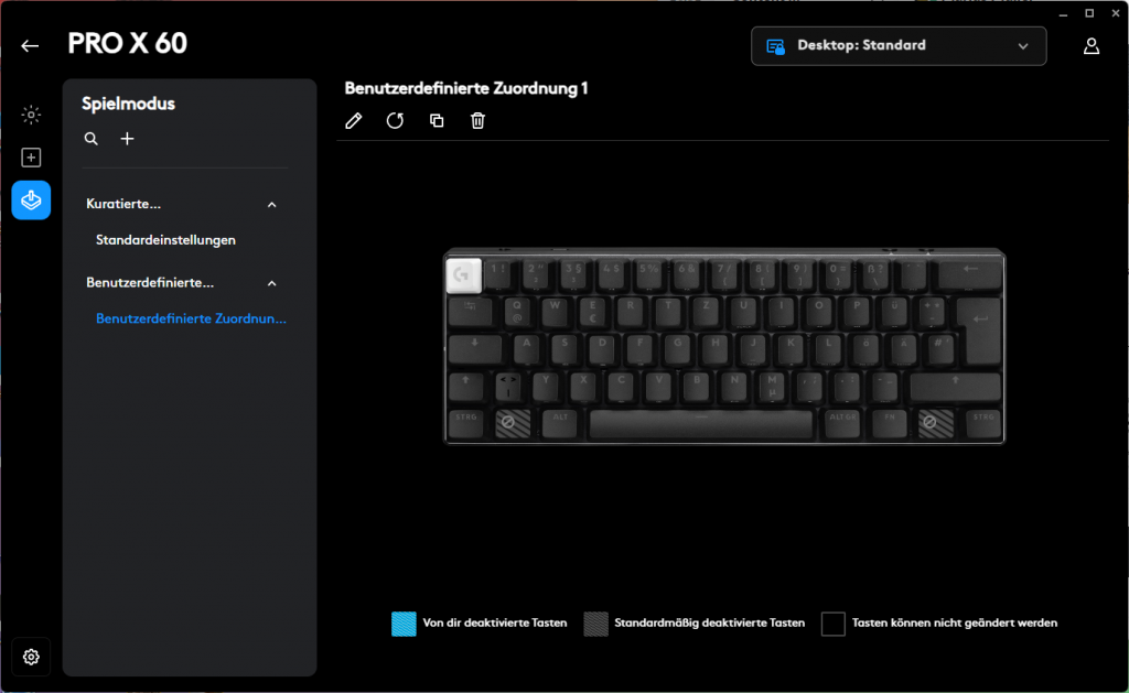Spielmodus der Logitech G PRO X 60 LIGHTSPEED Gaming-Tastatur in der Software