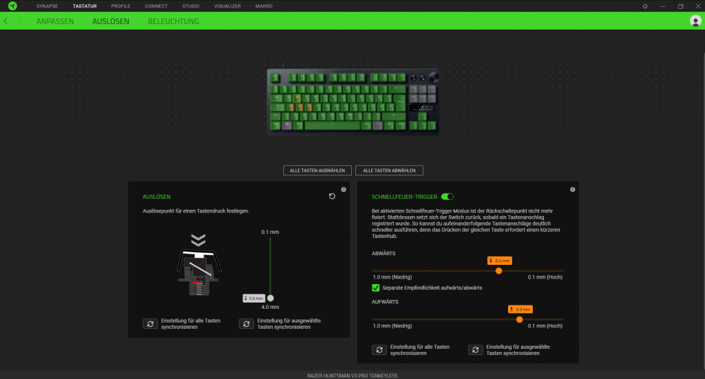 Tastenauslösung in der Software der Razer Huntsman V3 Pro Tenkeyless Gaming-Tastatur