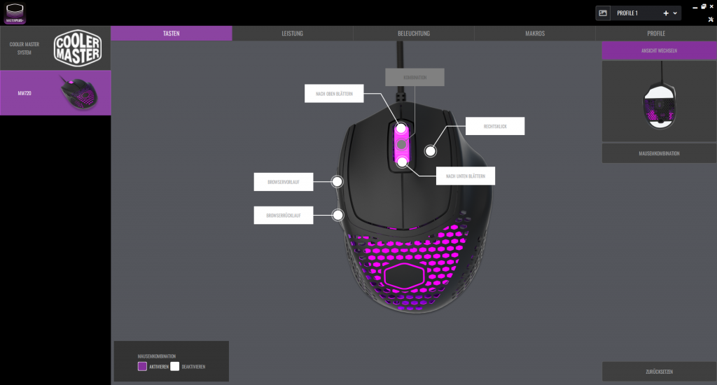 Tastenbelegung der Software der Cooler Master MM720 Gaming-Maus