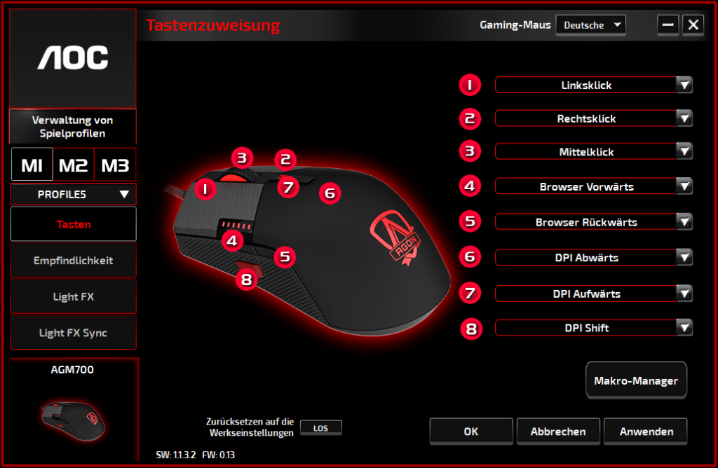 Tasteneinstellungen der Software der AOC Agon AGM700 Gaming-Maus