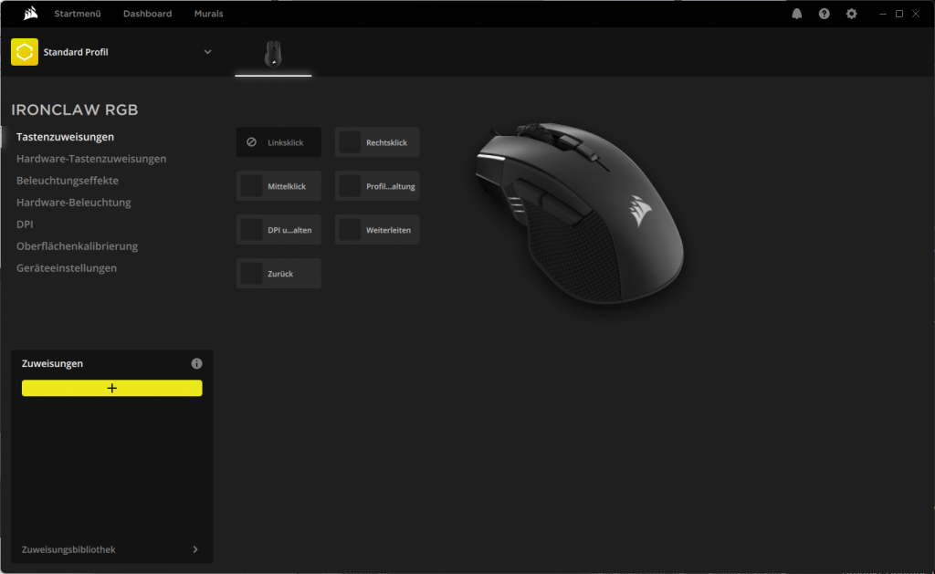 Tasteneinstellungen der Software der Corsair IRONCLAW Gaming-Maus