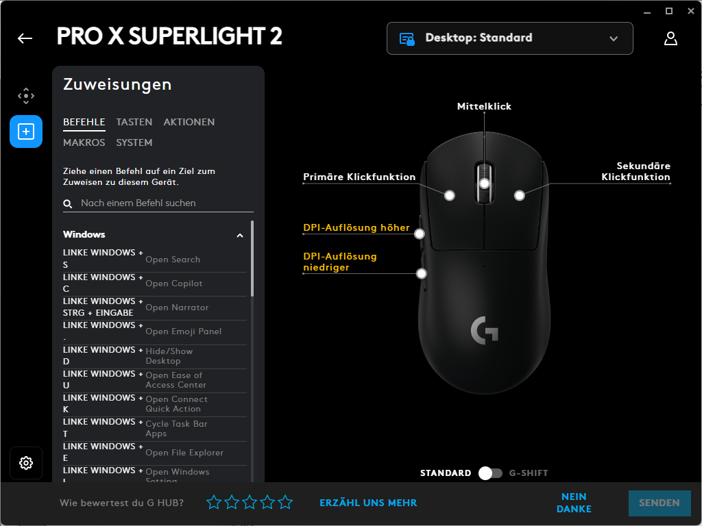 Tasteneinstellungen der Software der Logitech G PRO X Superlight 2 Gaming-Maus