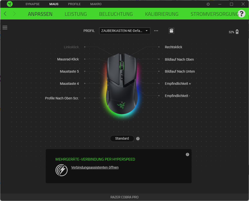 Tasteneinstellungen der Software der Razer Cobra Pro Gaming-Maus