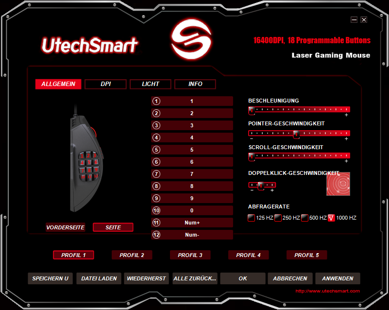 Tasteneinstellungen der Software der UtechSmart Venus Gaming-Maus v2