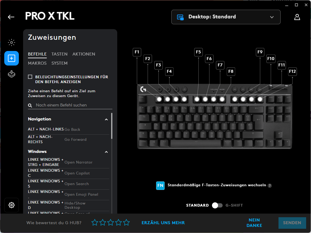 Tastenzuweisungen der Logitech G PRO X TKL LIGHTSPEED Gaming-Tastatur in der Software