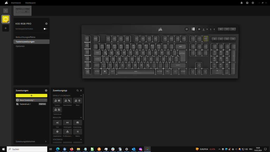 Tastenzuweisungen in der Software der Corsair K55 RGB PRO Gaming-Tastatur