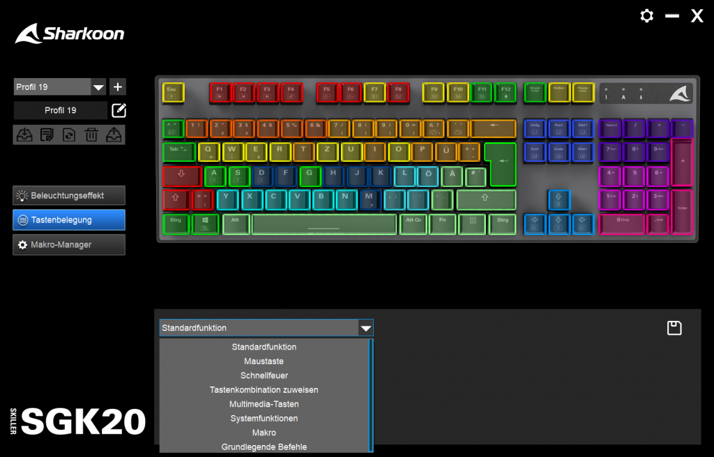 Tastenzuweisungen in der Software der Sharkoon Skiller SGK20 Gaming-Tastatur